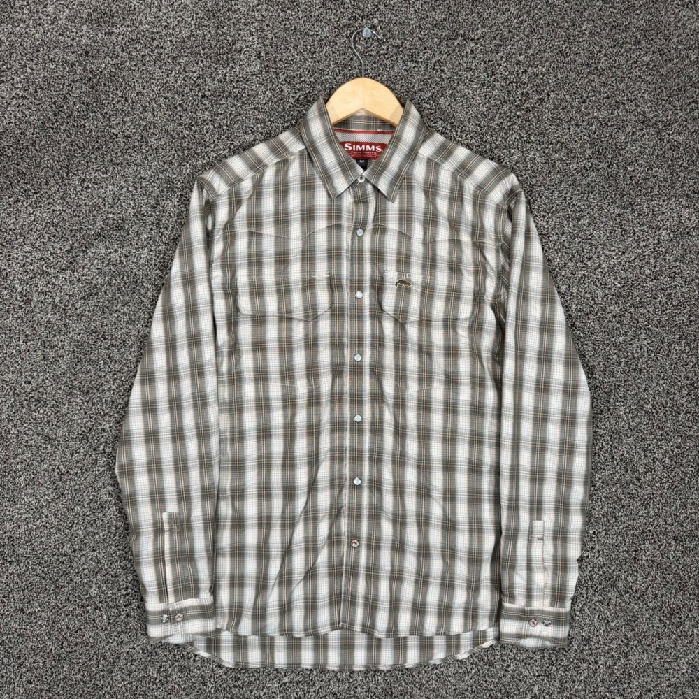 Simms‎ Fishing Shirt Mens M Olive Plaid Performance Vented Pearl Snap Pockets